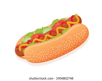 Vector flat illustration of American delicious hot dog for poster, advertisement, menu, restaurant. Hot dog with lettuce, tomato, cucumber, ketchup, mustard and sesame seed bun.
