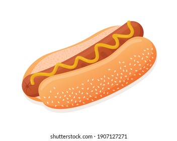 Vector flat illustration of American delicious hot dog for poster, advertisement, menu, restaurant. Hot dog with sausage, mustard and sesame seed bun.