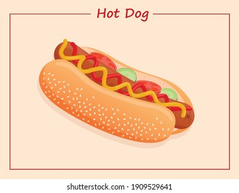 Vector flat illustration of American delicious hot dog for poster, advertisement, menu, restaurant. Hot dog with tomato, cucumber, ketchup, mustard and sesame seed bun.