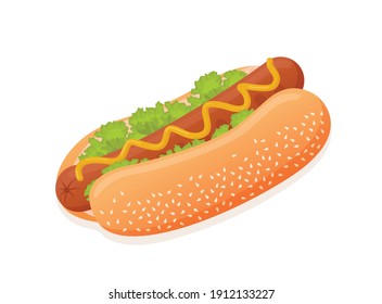 Vector flat illustration of American delicious hot dog for poster, advertisement, menu, restaurant. Hot dog with sausage, mustard, salad and sesame bun.
