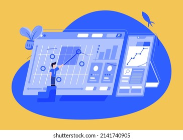 vector flat illustration analyzing company dashboard . Cartoon office workers studying research strategy. Data analysis and marketing concept