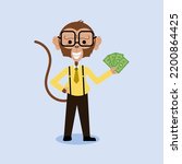 Vector flat illustration of an anthropomorphic monkey wearing office or business outfit, smiling, and holding banknotes or money. Visual symbol for the terms "monkey business" and "corruption". 