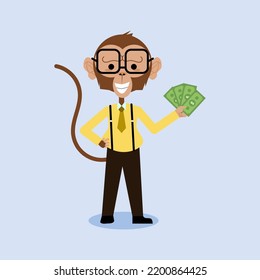 Vector flat illustration of an anthropomorphic monkey wearing office or business outfit, smiling, and holding banknotes or money. Visual symbol for the terms "monkey business" and "corruption". 