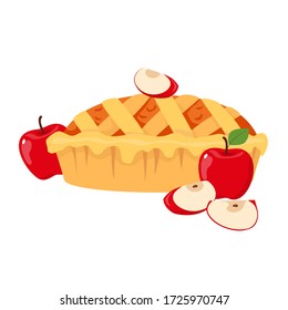 Vector flat illustration of Apple pie with red apples. Isolated elements on a white background.