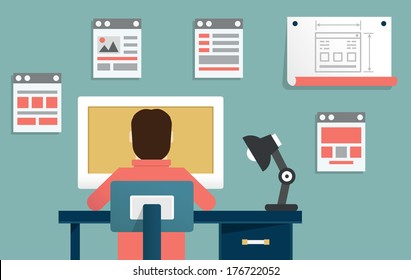 Vector flat illustration of application or website development. Design and programming - vector illustration