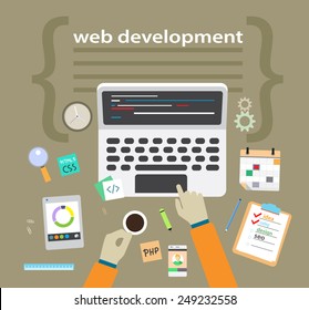 Vector flat illustration of application or website development. Flat design, vector illustration.