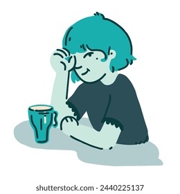 Vector flat illustration of aquamarine girl. Woman sitting in cafe, enyoing her drink at the table. Cute cartoon character design. 