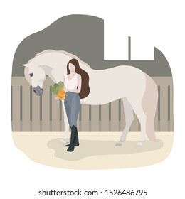 vector flat illustration with arabian horse and women in paddock