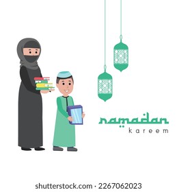 Vector flat illustration arabian mom and kids ramadan kareem isolated on white background