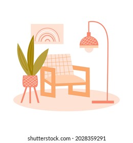 Vector flat illustration with armchair on white background. Modern interior items for room: chair, houseplants, floor lamp, carpet, picture