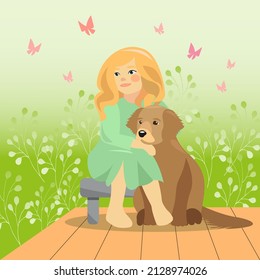 vector flat illustration art girl with a dog