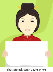 Vector flat illustration of a Asian woman with a placard in her hands. Racial diversity.