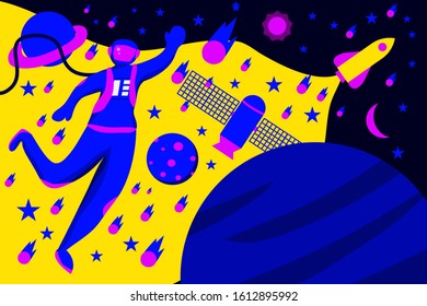 vector flat illustration astronaut exploring space galaxy with galaxy element and item can be used for web blog presentation animation banner poster motion graphic flyer brochure landing page ads