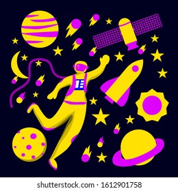 vector flat illustration astronaut in galaxy with item and element. can be used for web blog presentation animation design asset motion graphic flyer brochure landing page etc