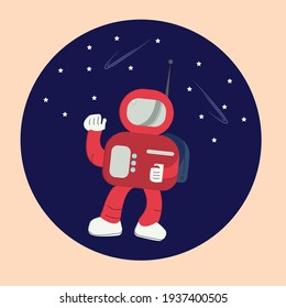 vector flat illustration of an astronaut waving his hand.beautiful astronaut with shadows.stars and comet trails in background.graphic design of an astronaut in red suit with blue background.
