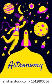 vector flat illustration astronomy education poster with astronomy or space element and item. can be used for web blog presentation animation banner poster motion graphic flyer brochure design etc 