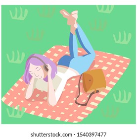 Vector flat illustration of attractive, happy girl lying on grass listening to music on headphones. Contour and color are used. It can be used as separate item in postcards, web design, advertising.