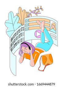 Vector flat illustration of attractive, happy girl lying on grass listening to music on headphones. Contour and color are used. It can be used as separate item in postcards, web design, advertising.