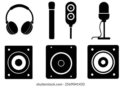 Vector Flat Illustration of Audio Equipment Items Icon Set.