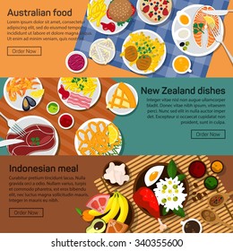 Vector flat illustration of Australia, New Zealand, Indonesia national dishes. Salads and meat meals with sauce and spicy ingredients, fruits