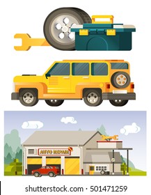 Vector flat illustration auto repair with cars, trees, tire, wrench and tool box