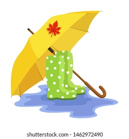 Vector flat illustration of autumn boots and umbrella with the leaf