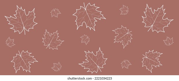 Vector flat illustration. Autumn concept. Leaves from white lines. Seamless wallpaper on a dark background.