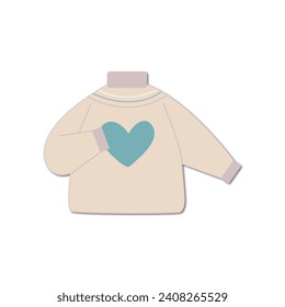 Vector flat illustration. Autumn cute and cozy icon for your design. Illustration of a warm sweater with a heart isolated on a white background.