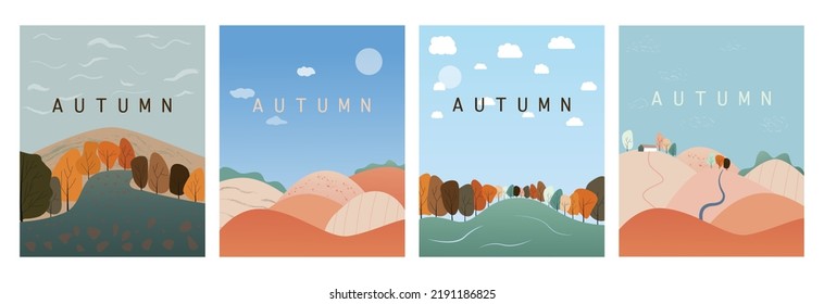 Vector flat illustration. Autumn nature, village and city landscapes. Illustration of natural, urban and rural backgrounds. Perfect for poster, card, banner, brochure or cover.