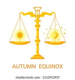 Vector Flat Illustration Of The Autumn (or Fall) Equinox. Design Concept With Scales Of Justice Symbolizing Equal Duration Of Daytime And Nighttime.