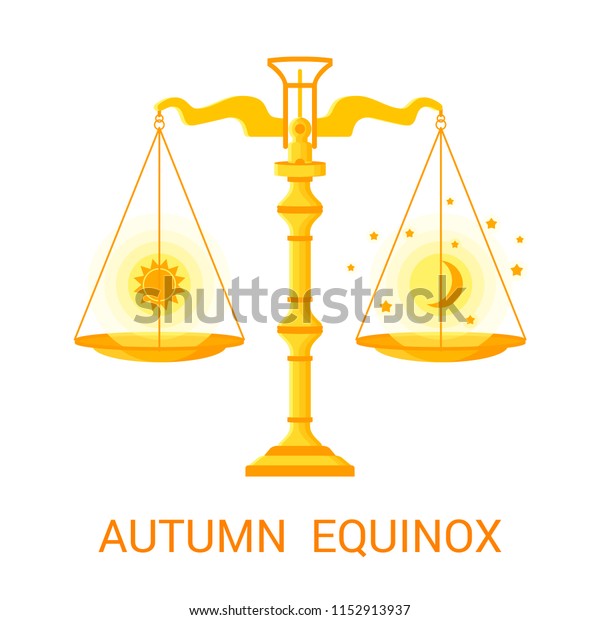 Vector flat illustration of the autumn (or\
fall) equinox. Design concept with scales of justice symbolizing\
equal duration of daytime and\
nighttime.