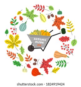 Vector flat illustration of autumn season isolated. Round fall poster with colorful leaves and pumpkins. Greeting card in flat linear style. Circle concept of harvest. Template with floral elements