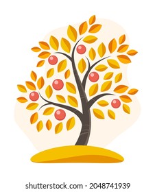 Vector flat illustration of autumn tree with yellow foliage and ripe fruits. Fruit tree.