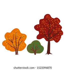 Vector flat illustration of autumnal tree and bush. Autumnal nature. Fall season. Tree with leaves. 