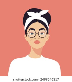 Vector plano ilustración avatar retrato de una joven hermosa mujer de aspecto europeo con pecas en la cara y una bufanda en el pelo