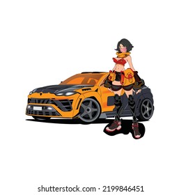Vector flat illustration. Avatar for a social network. Vector flat illustration car girl drawn. Vector editable image of the car girl art car girl drawing fantasy character drawing
