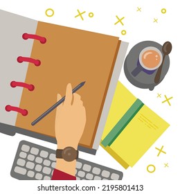 Vector flat illustration background concept design.Writer designer business artist.