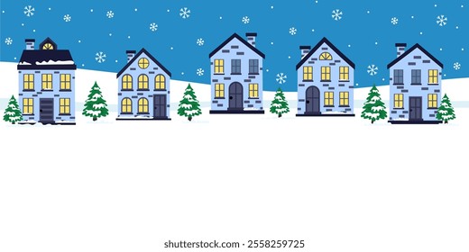 Vector flat illustration background with winter houses with place for text. Flat design style. Winter season and christmas concept