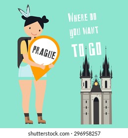 Vector flat illustration with backpacker girl, landmark and text. Prague trip. Travel theme. 