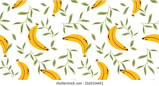 ilustración plana vectorial bananas con hojas sobre fondo blanco, patrón de diseño, logotipo bananero, fruta tropical, alimentos de verano, fruta amarilla y baya