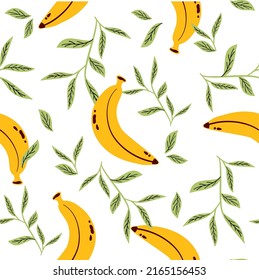 Vektorbananen mit flachen Illustrationen auf weißem Hintergrund, Muster für die Gestaltung, Bananenlogo, tropische Früchte, Sommernahrung, gelbe Früchte und Beeren