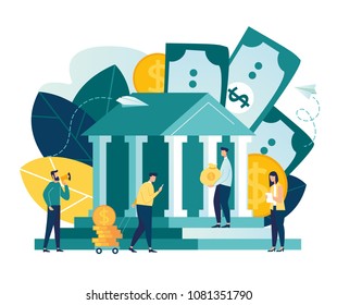 Vector flat illustration, bank building on a white background, bank financing, money exchange, financial services, ATM, giving out money vector