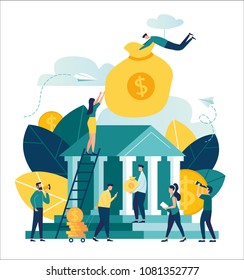 Vector flat illustration, bank building on white background, money exchange, financial services, ATM, giving out money, small bankers are engaged in work, a man holds a large bag with money in a bank