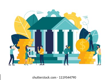 Vector flat illustration, bank building on a white background, bank financing, money exchange, financial services, ATM, giving out money
