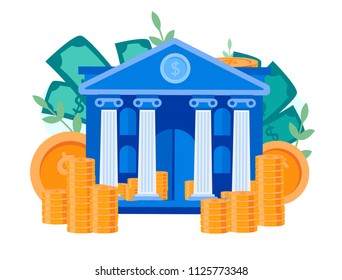 Vector flat illustration, bank building, bank financing, money exchange, financial services, ATM, Concept for web page, banner, presentation, social media, documents, cards, posters.