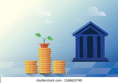 Vector flat illustration, bank building on a white background, bank financing, money exchange, financial services, ATM, giving out money