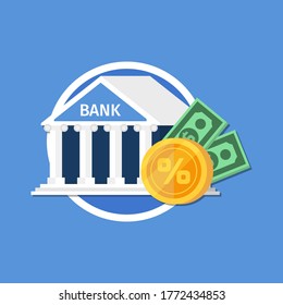 Ilustración plana de vectores, construcción de bancos con fondo azul, financiación bancaria, cambio de moneda, servicios financieros, cajero automático