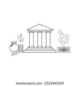 Ilustración plana vectorial, construcción de bancos en un fondo blanco, finanzas bancarias, cambio de moneda, servicios financieros icícono de edición, signo, símbolo botón de línea de contorno aislado en blanco