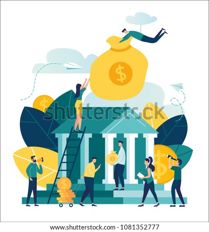 Vector flat illustration, bank building on white background, money exchange, financial services, ATM, giving out money, small bankers are engaged in work, a man holds a large bag with money in a bank