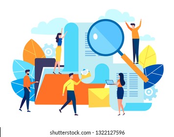 Vector flat illustration, Banking, electronic Mobile payment, payment notification, large folder with documents, contract conclusion, information search